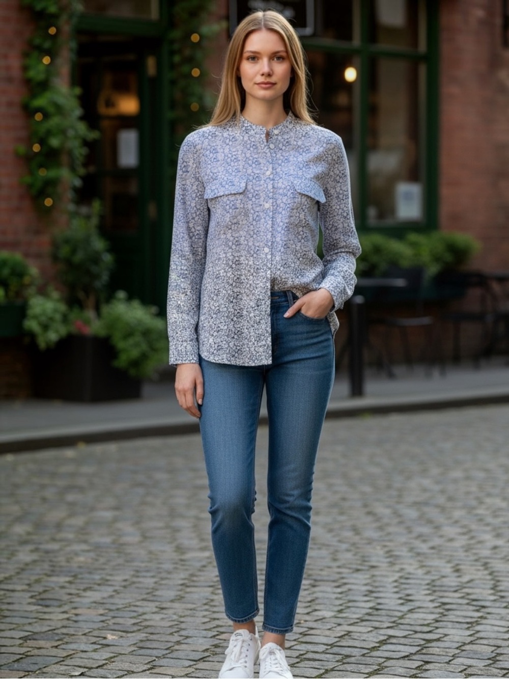 Equipment Blue and White Printed Silk Button-Down Shirt